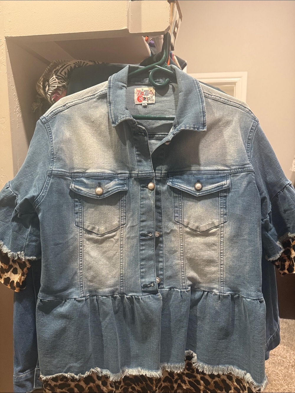 Ruffled Hem Light Blue Denim Button-Down Shirt